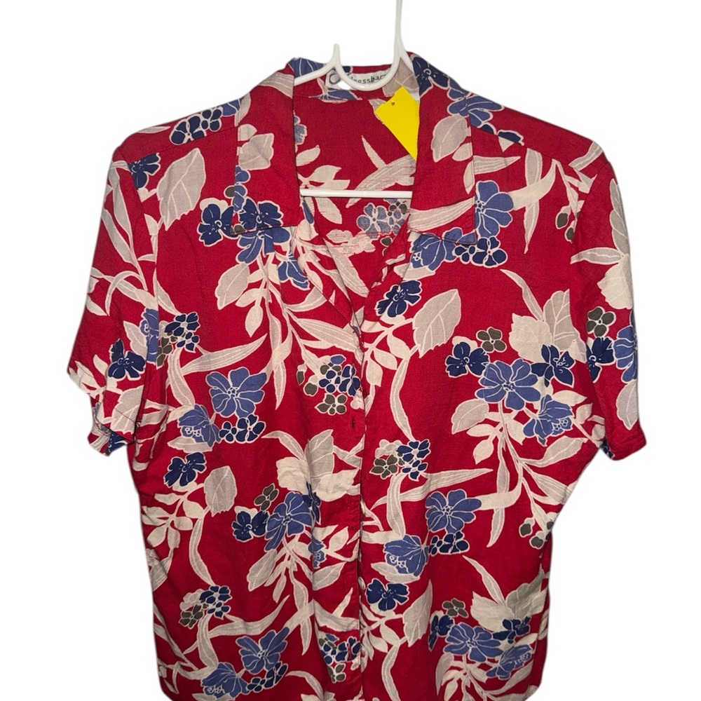 Dressbarn Red and Blue Button Down Shirt with Tropical Print